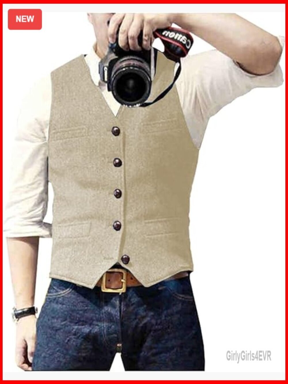 Slim Fit Wool Tweed Vest V-Neck 5 Button Adjustable Back Strap